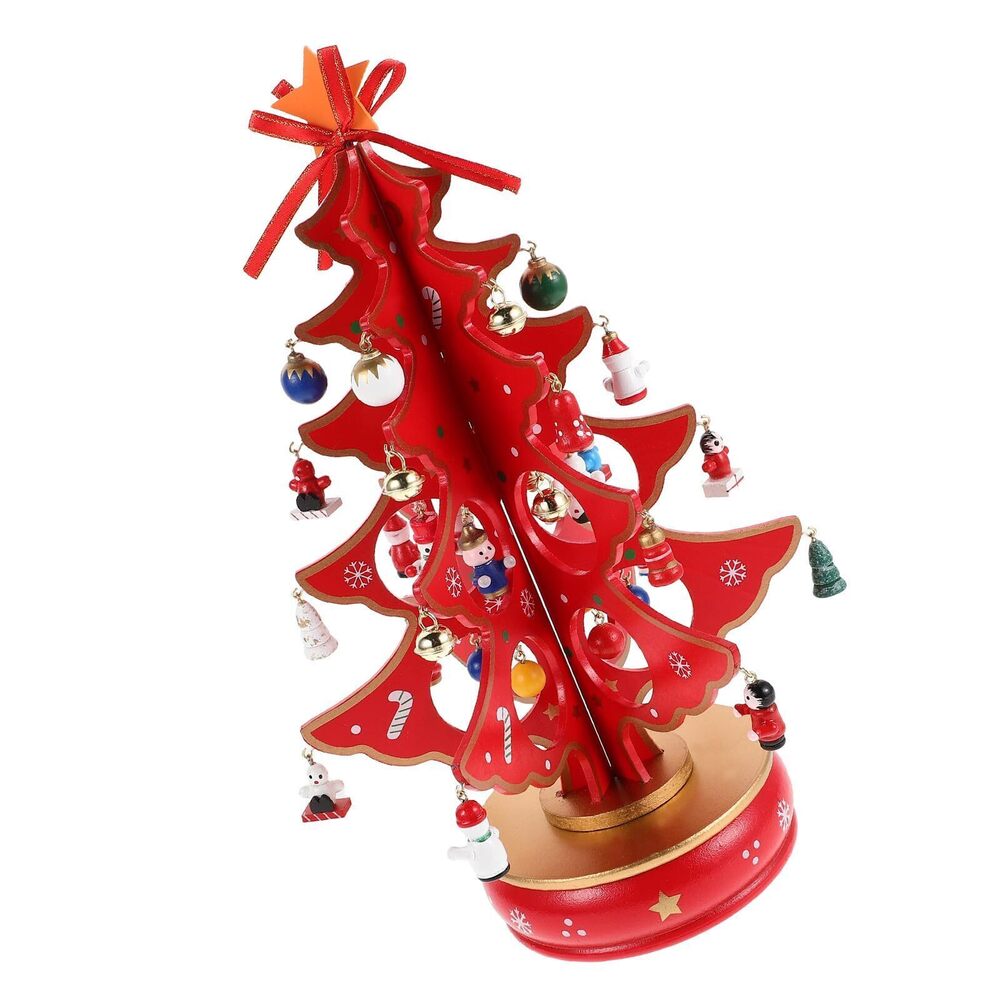6745 Classic Music Box Wooden Clockwork Design Christmas Tree with Pendants
